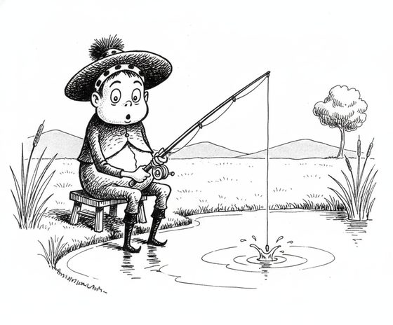 A Brownie — fishing at a pond, same character