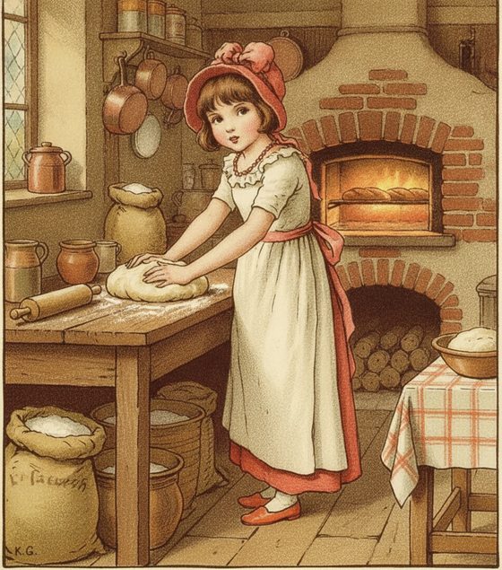 Little Miss Muffet — baking in a kitchen, same character