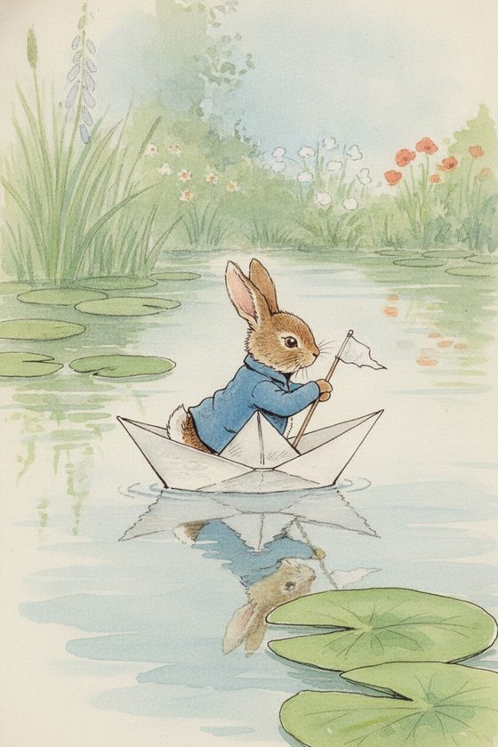 Peter Rabbit — sailing a paper boat, same character