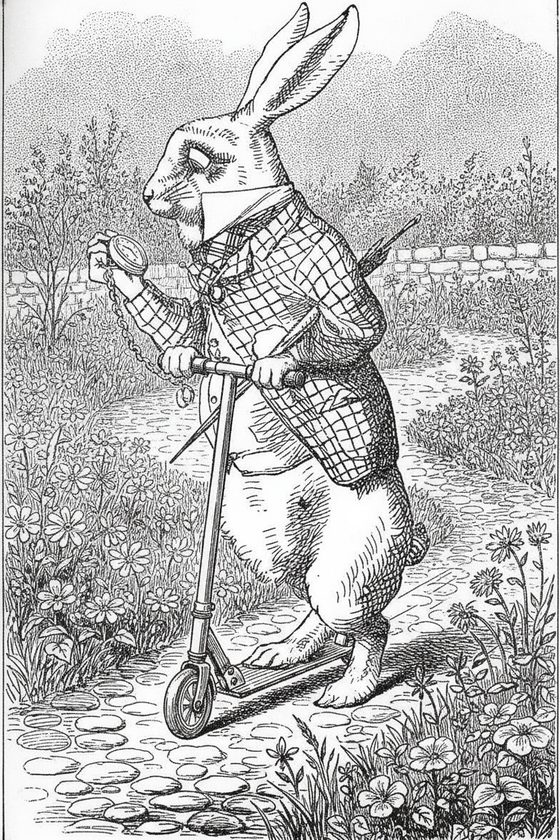The White Rabbit — riding a scooter, same character