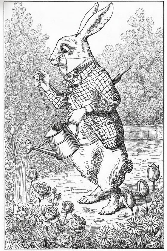 The White Rabbit — watering flowers, same character
